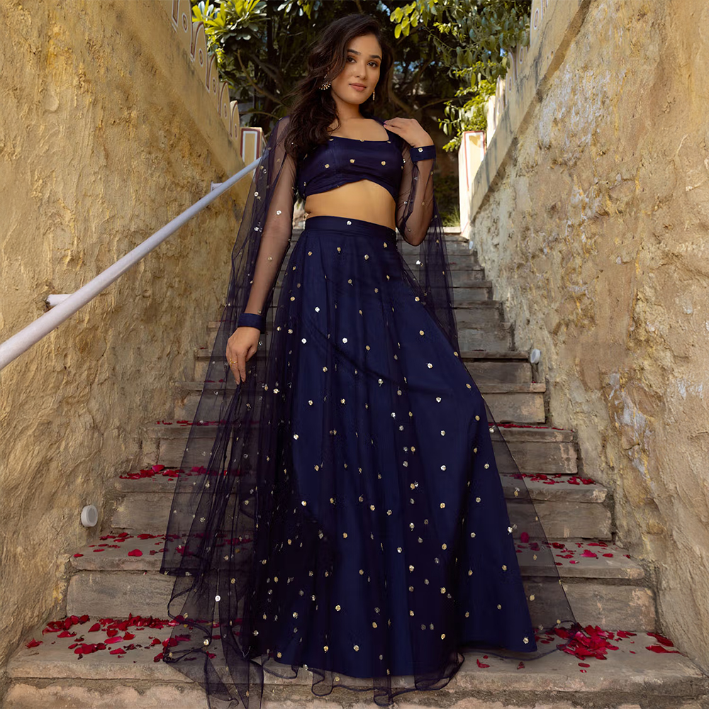 DEASHA INDIA Aaina Navy Blue Embroidered Net Lehenga with Blouse and Dupatta (Set of 3)