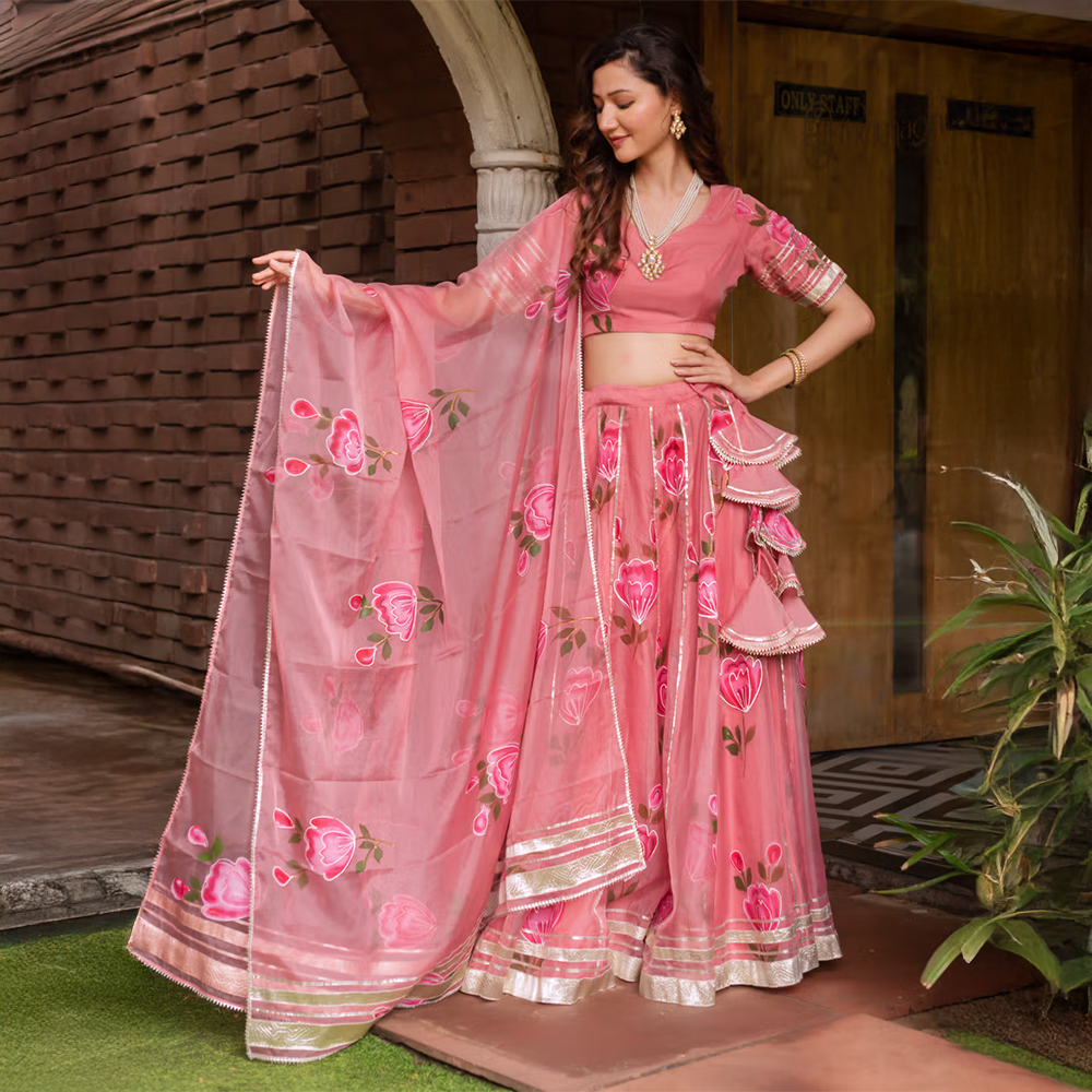 Calmna Pink Handpainted Organza Gotapatti Lehenga Choli with Dupatta (Set of 3)