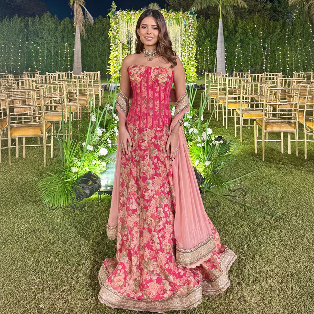 Old Marigold Iktida Scarlett Tissue Corset Style Blouse with Lehenga and Dupatta (Set of 3)