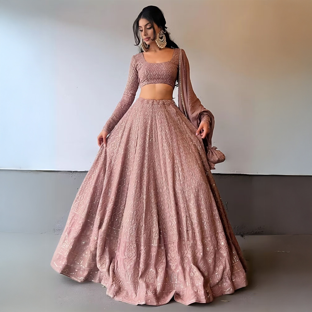 Odette Mauve Georgette Embroidered Semi-Stitched Lehenga for Women