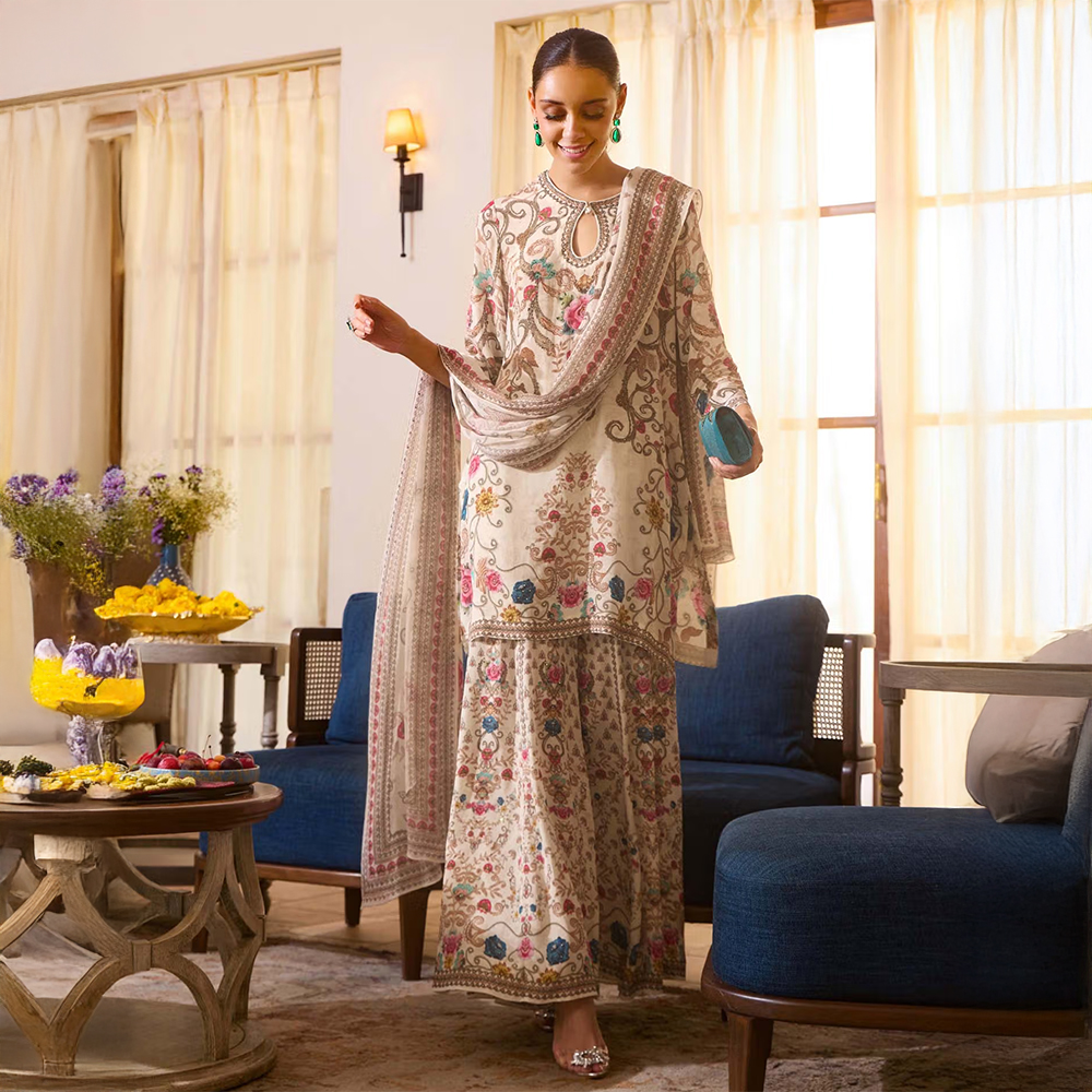 Label S4U Beige Floral Embroidered Kurti with Sharara and Dupatta (Set of 3)