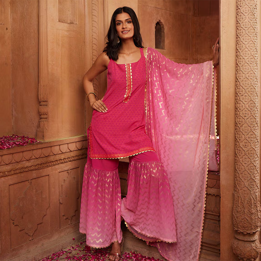 Ahalyaa Pink Ombre Printed Shoulder Straps Straight Kurti with Sharara and Dupatta