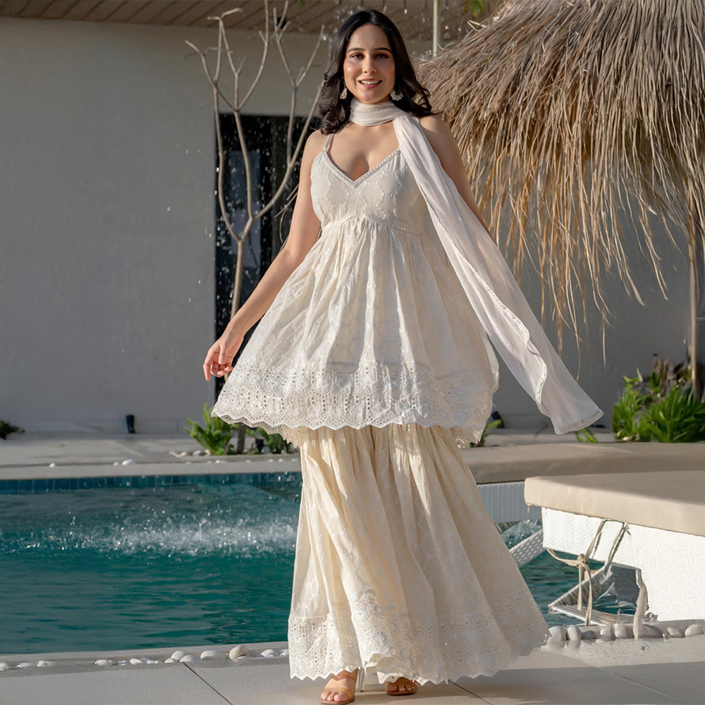 HOUSE OF JAMOTI Chandini Chikankari Kurta with Sharara & Dupatta (Set of 3)