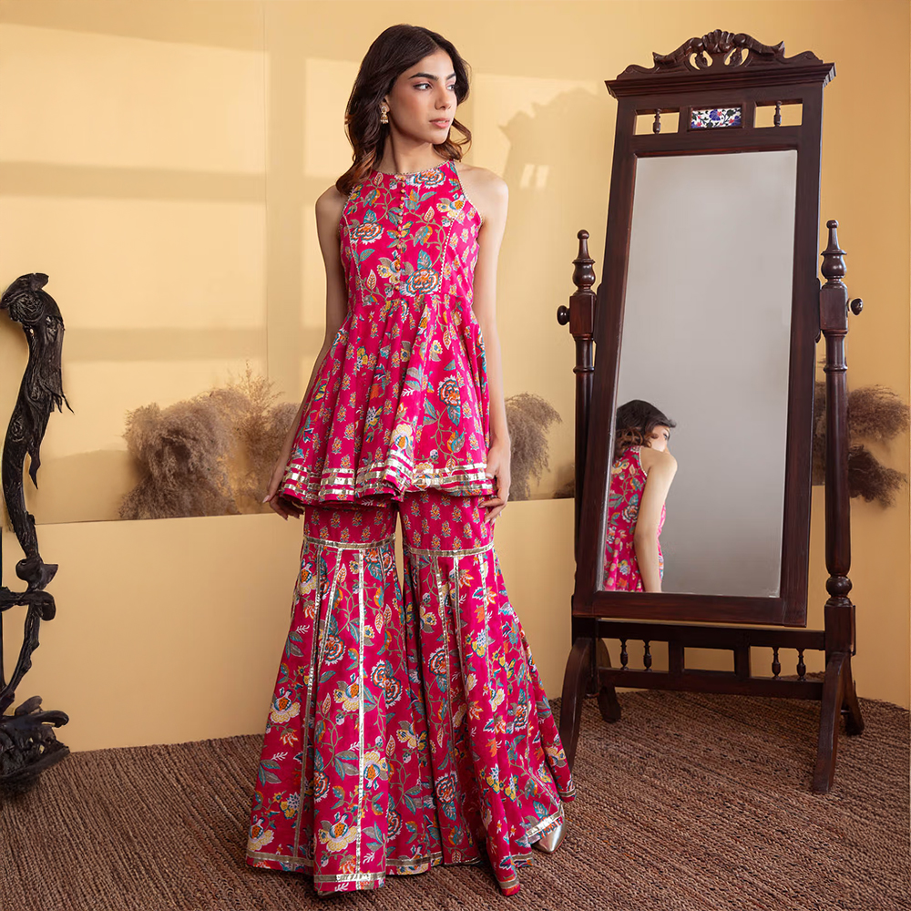 Aadveka Magenta Jaipuri Printed Cotton Kurta with Sharara and Dupatta (Set of 3)