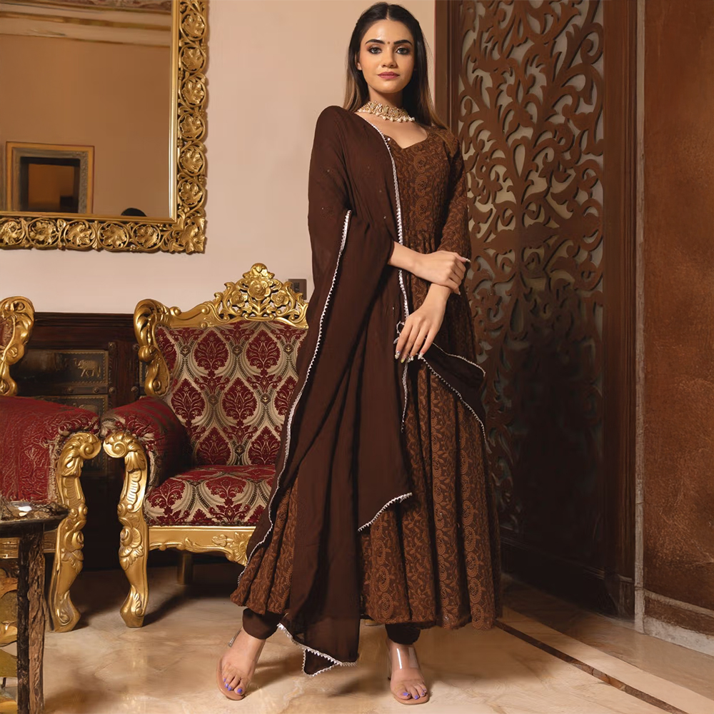 Calmna Brown Berry Chikankari Anarkali Suit Set-brown (Set of 3)
