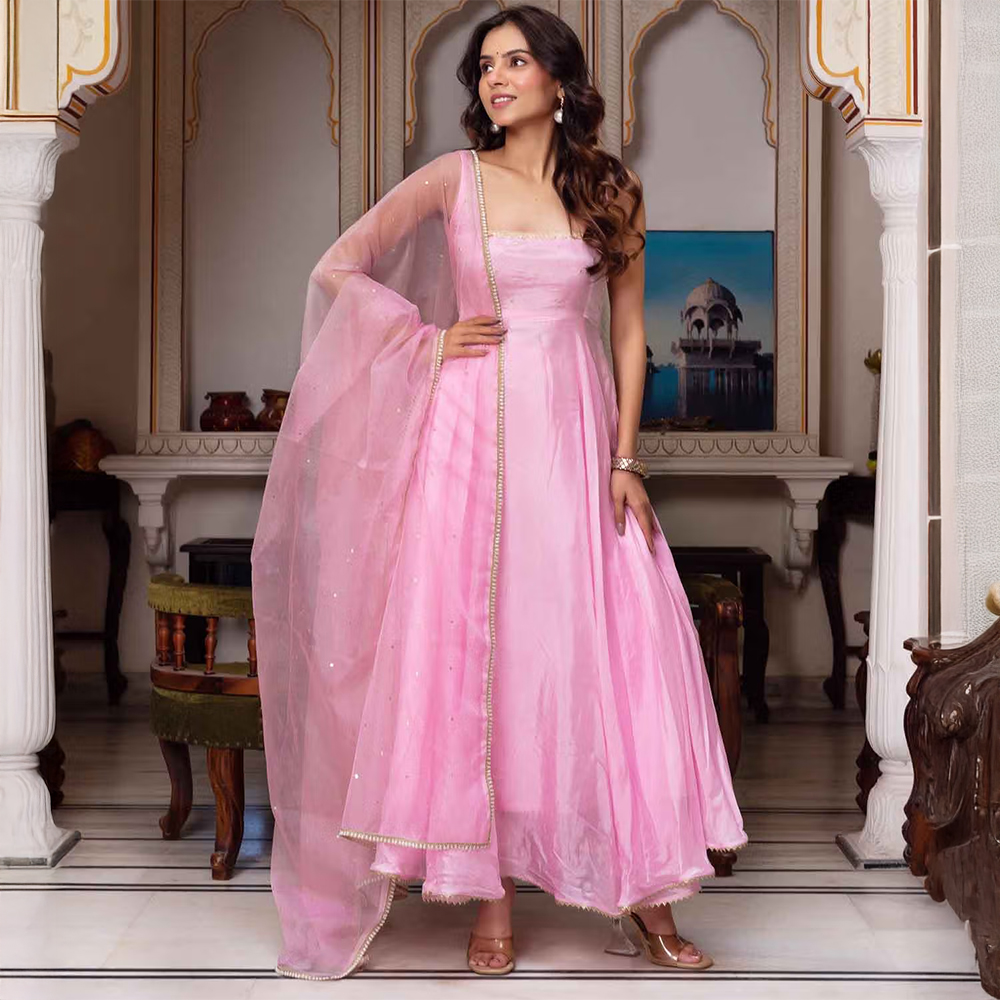 ETHNICSAA Pink Mahak Anarkali with Pant and Dupatta (Set of 3)