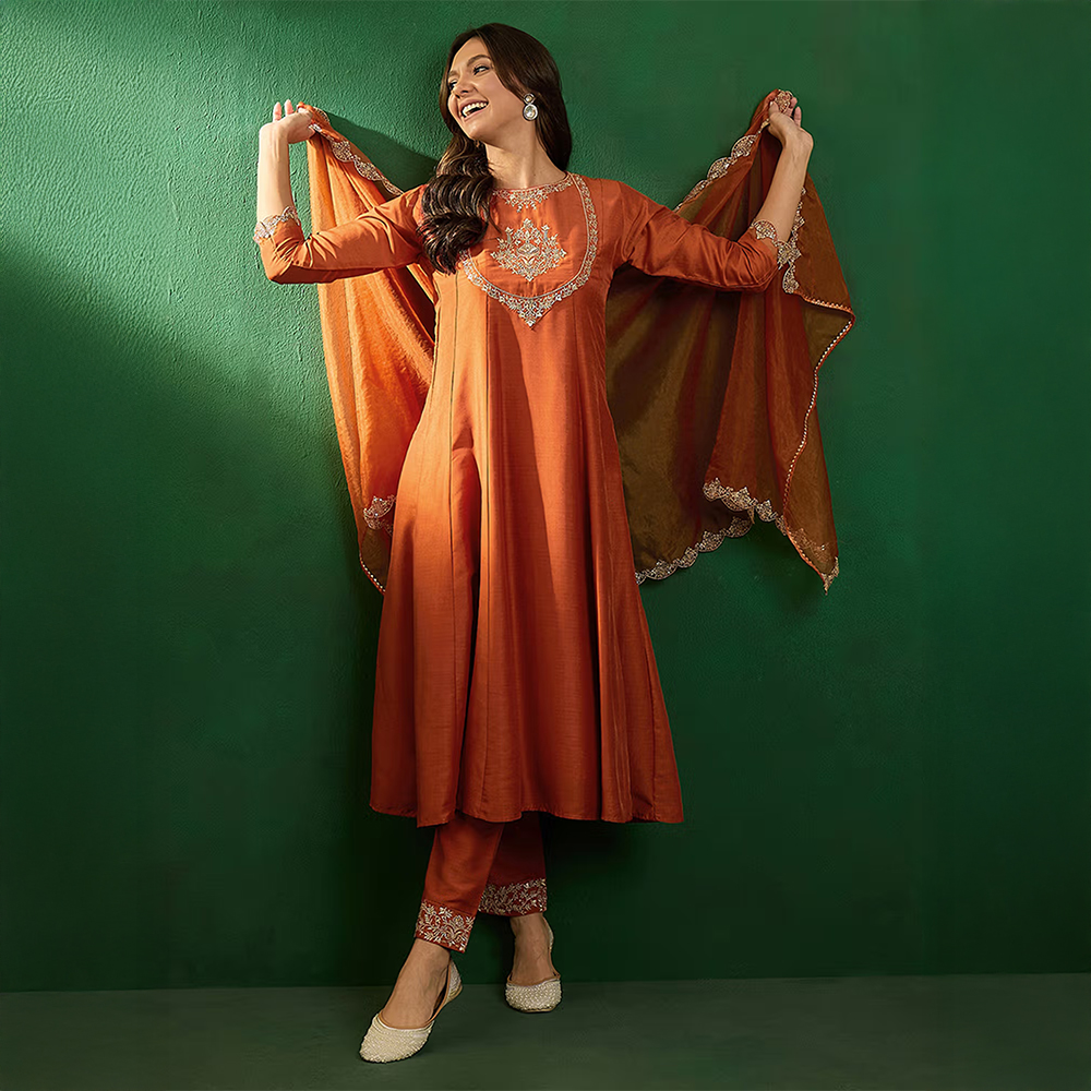 KVS FAB Orange Embroidered Anarkali Kurta with Pant and Dupatta (Set of 3)