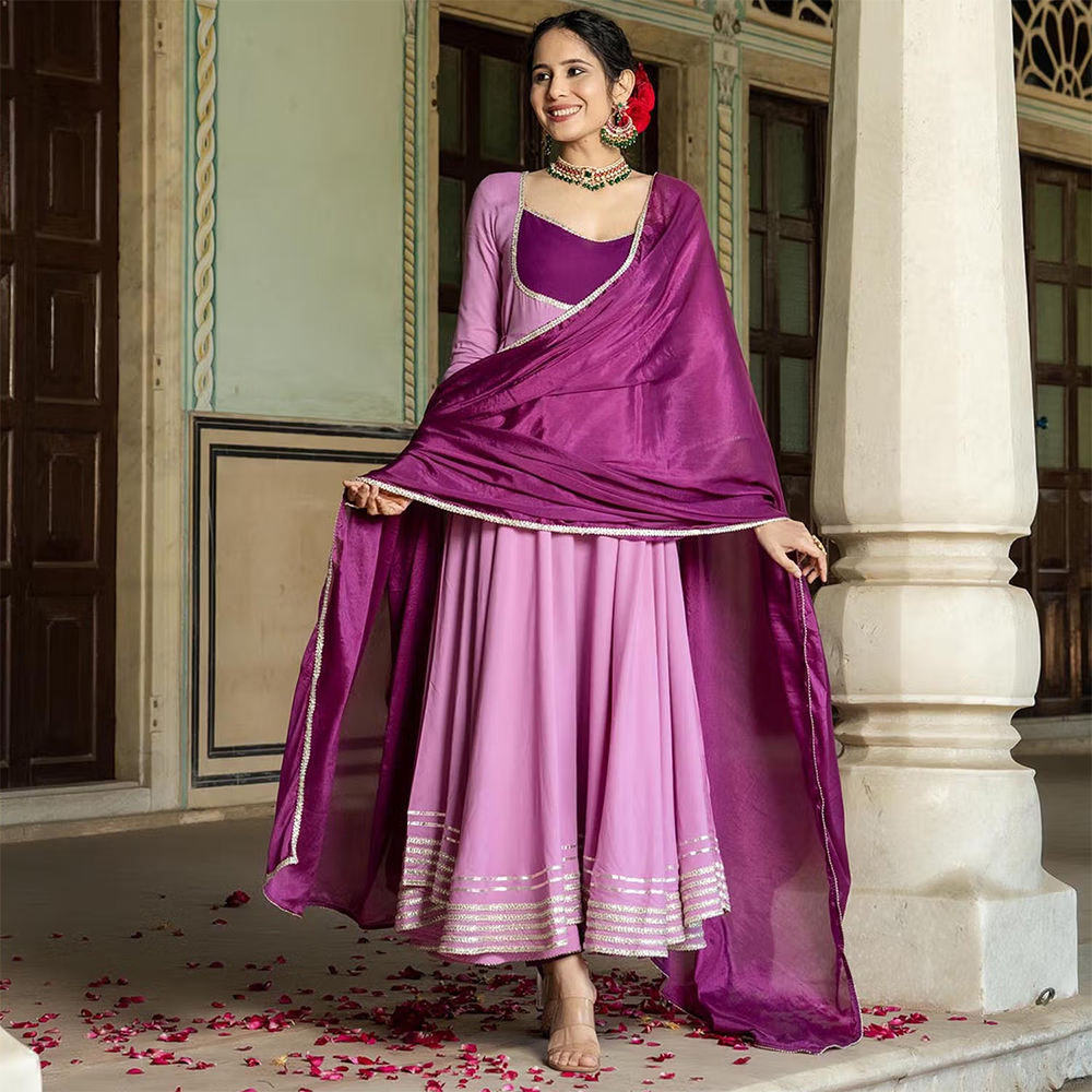 GAYRAA Purple Solid Yoke Design Anarkali Kurta with Pant and Dupatta (Set of 3)