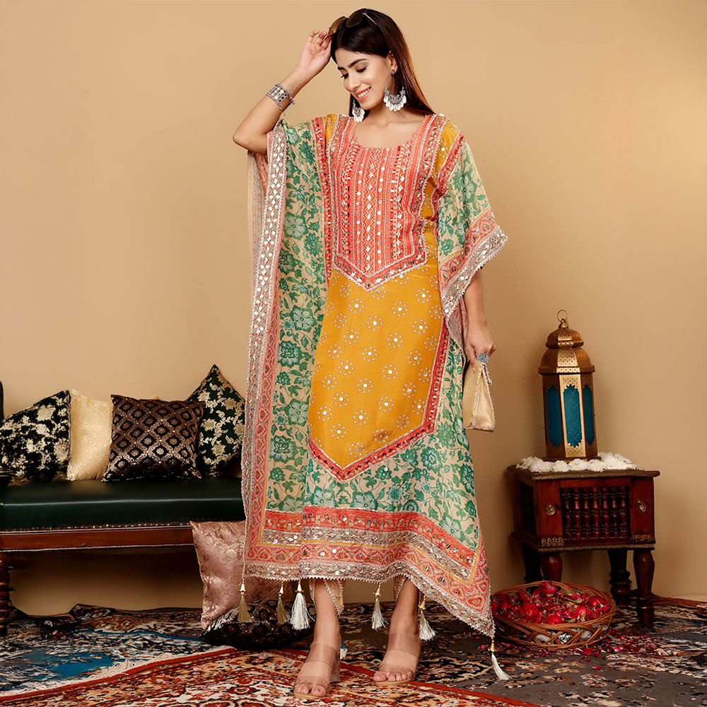 Varanga Mustard Silke Gotta and Mirror Work Kaftan Kurta with Dhoti Pant (Set of 2)