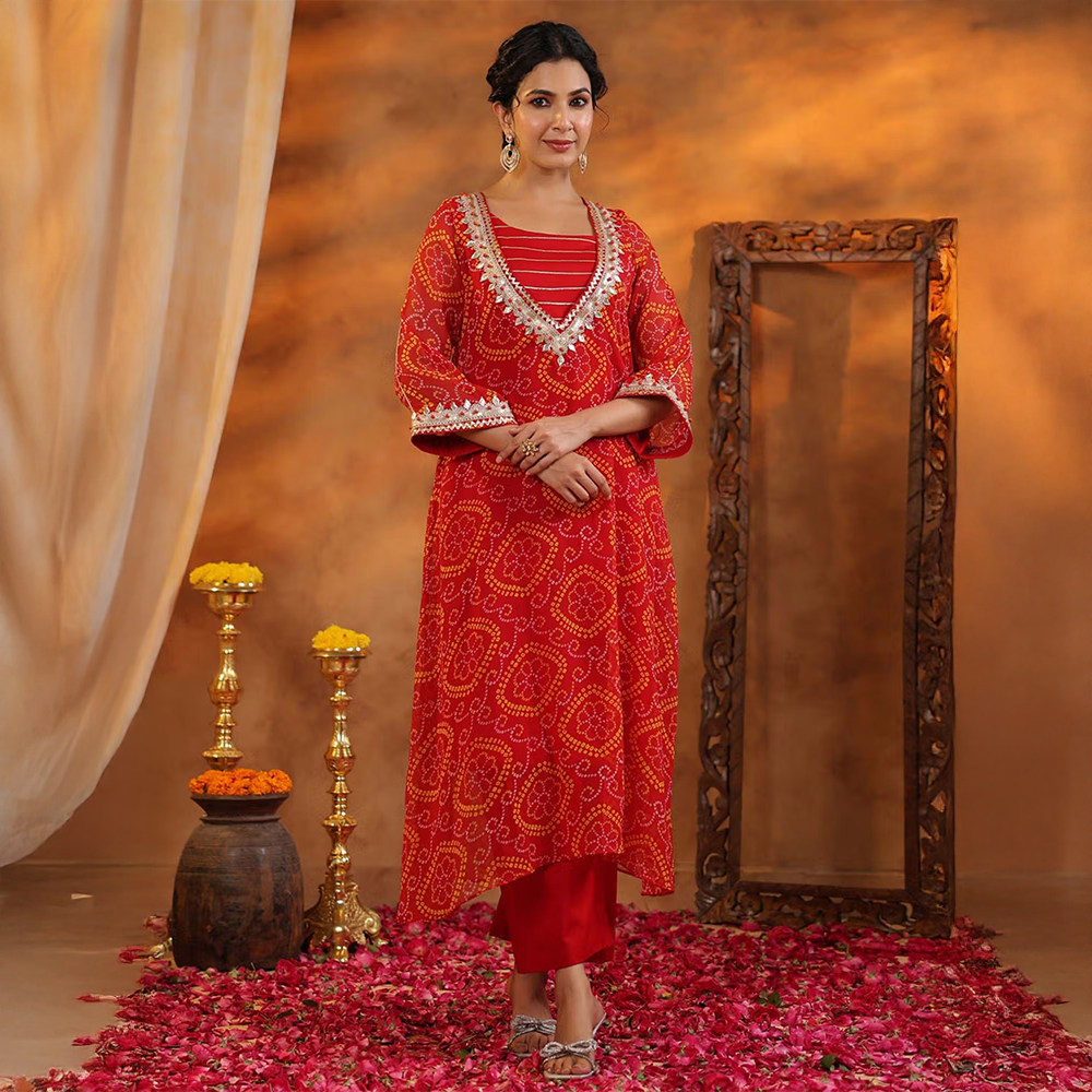 Gillori Red Aarna Bandhani Kurta with Inner and Pant (Set of 3)