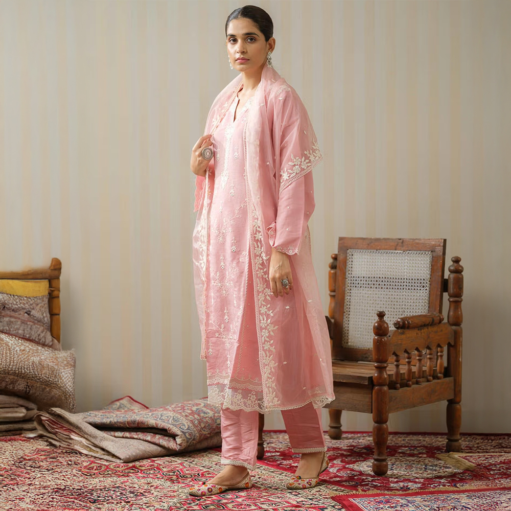 Gahan Silk Blend Embroidered & Mirror Embellished Pink Kurta Pant & Organza Dupatta (Set of 3)