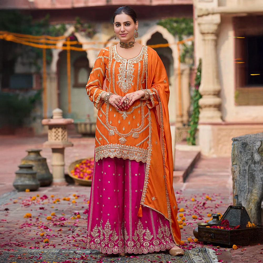 Autumnlane Orange Kanupriya Kesari Kurta with Palazzo and Dupatta (Set of 3)