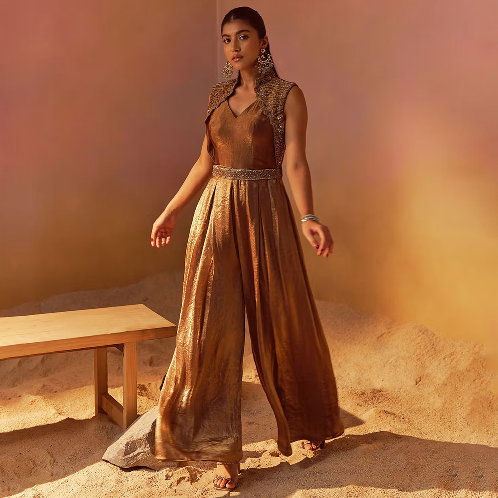 Qunic Shimmer Gold Attached Jacket Jumpsuit with Hand Embroidery Belt (Set of 2)