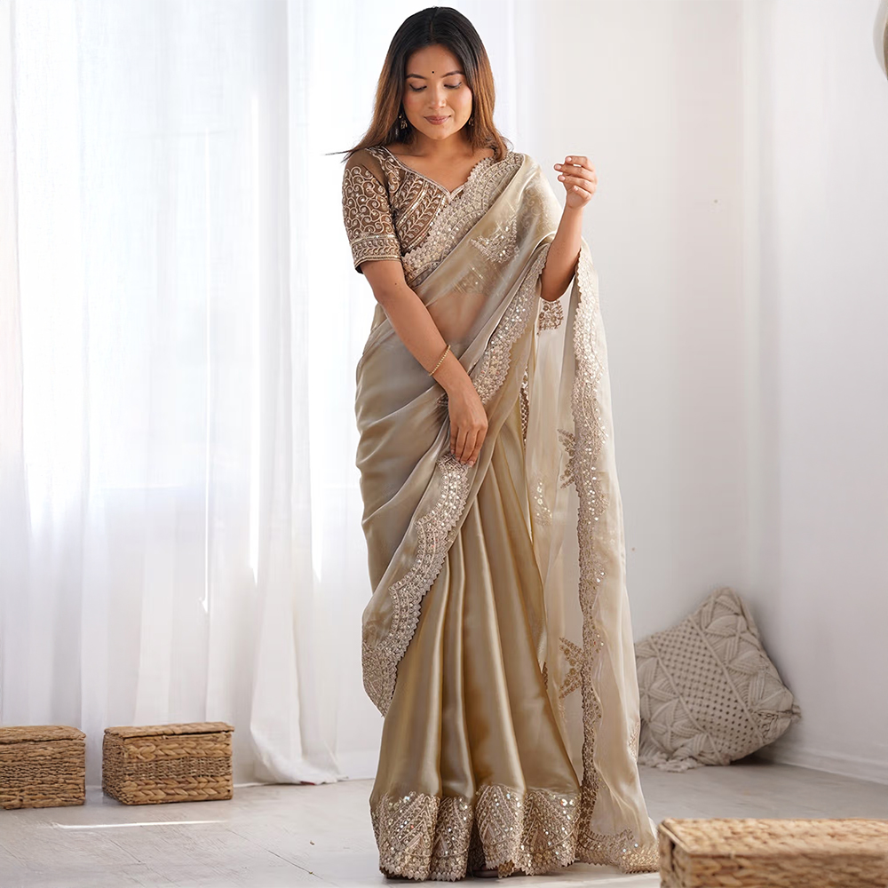 SATRANI Beige Embellished Saree with Unstiched Blouse