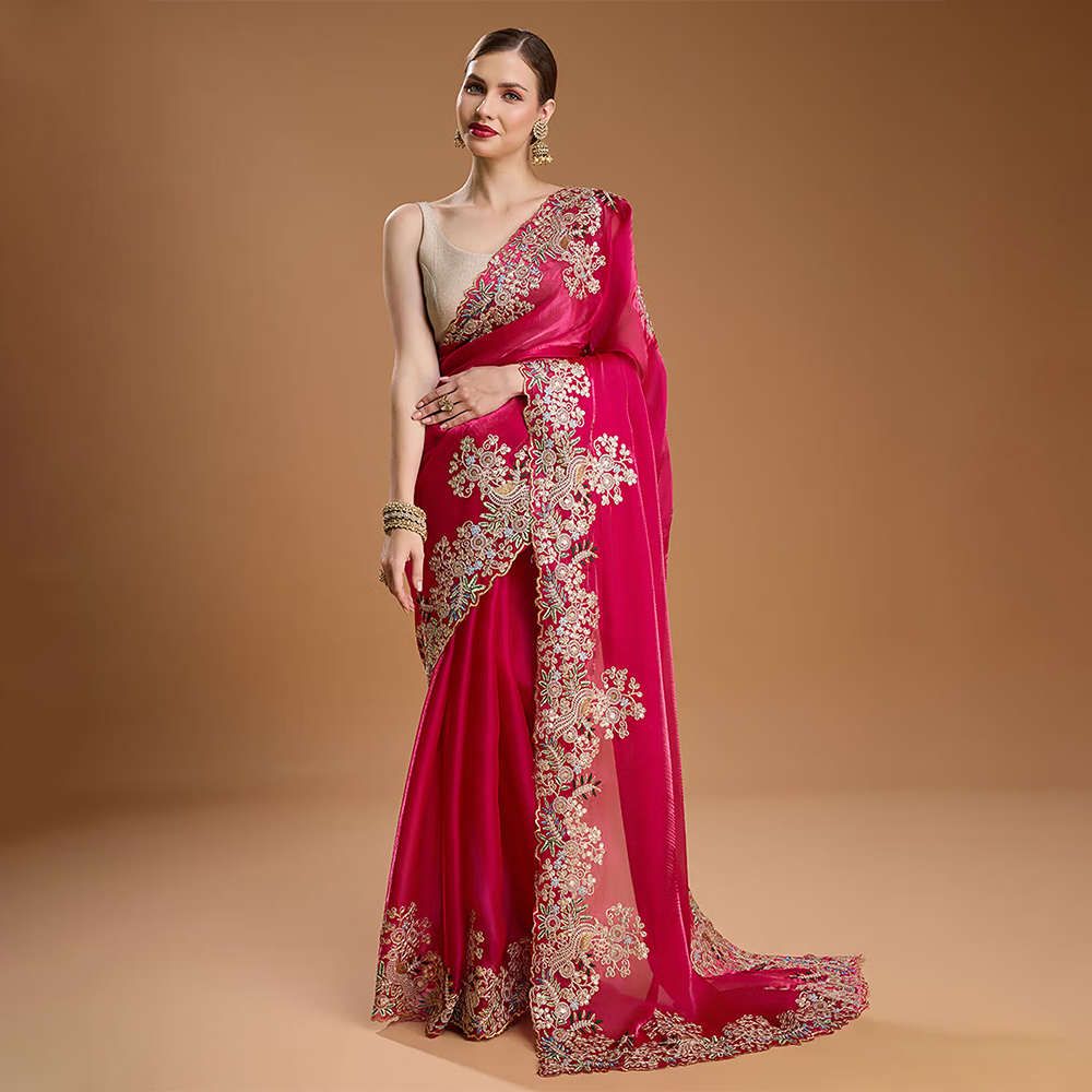 Lush Glam Pink Embellished Embroidered Tissue Saree with Unstitched Blouse