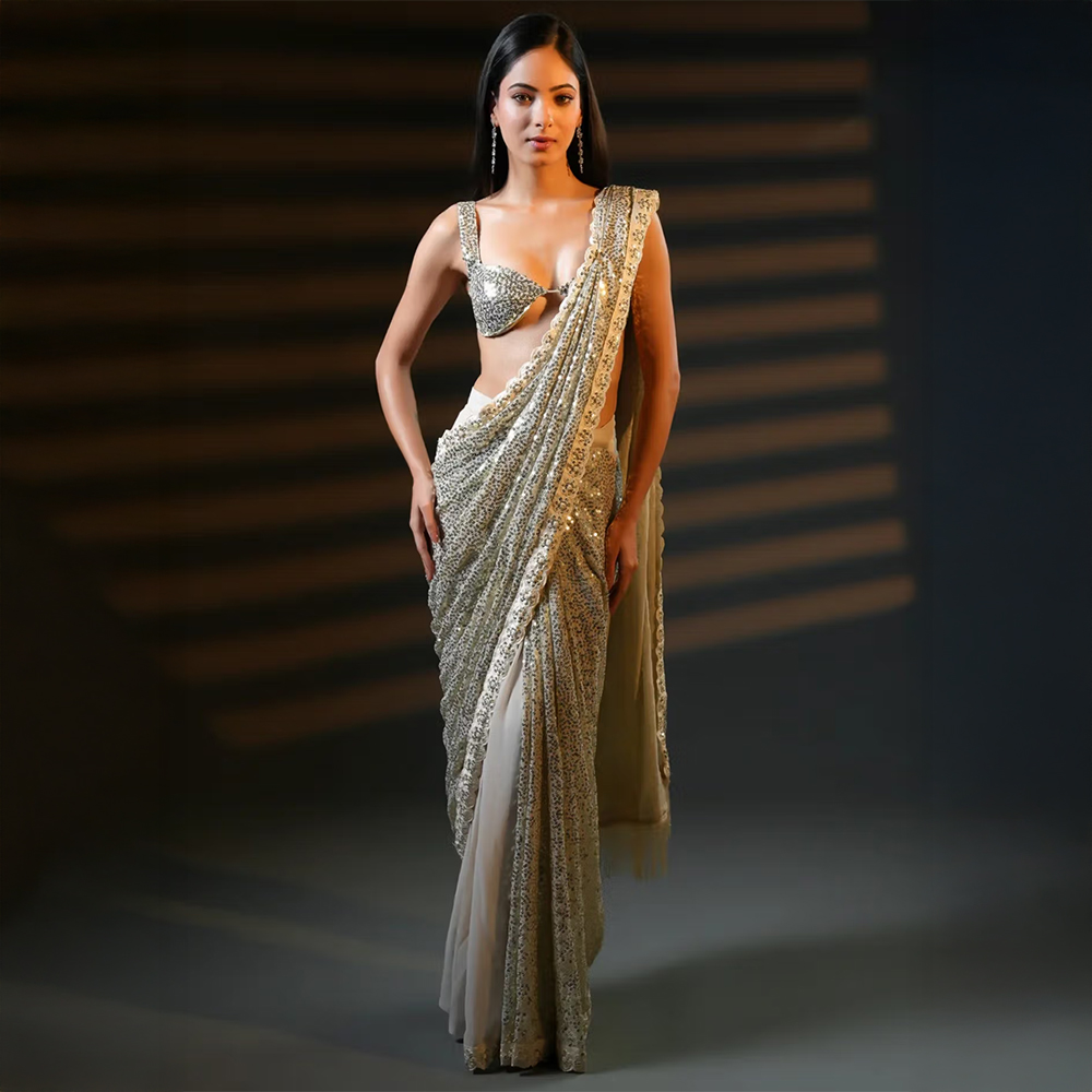 HANDME Premium Luxe Sequin Infused Cream Saree with Unstitched Blouse