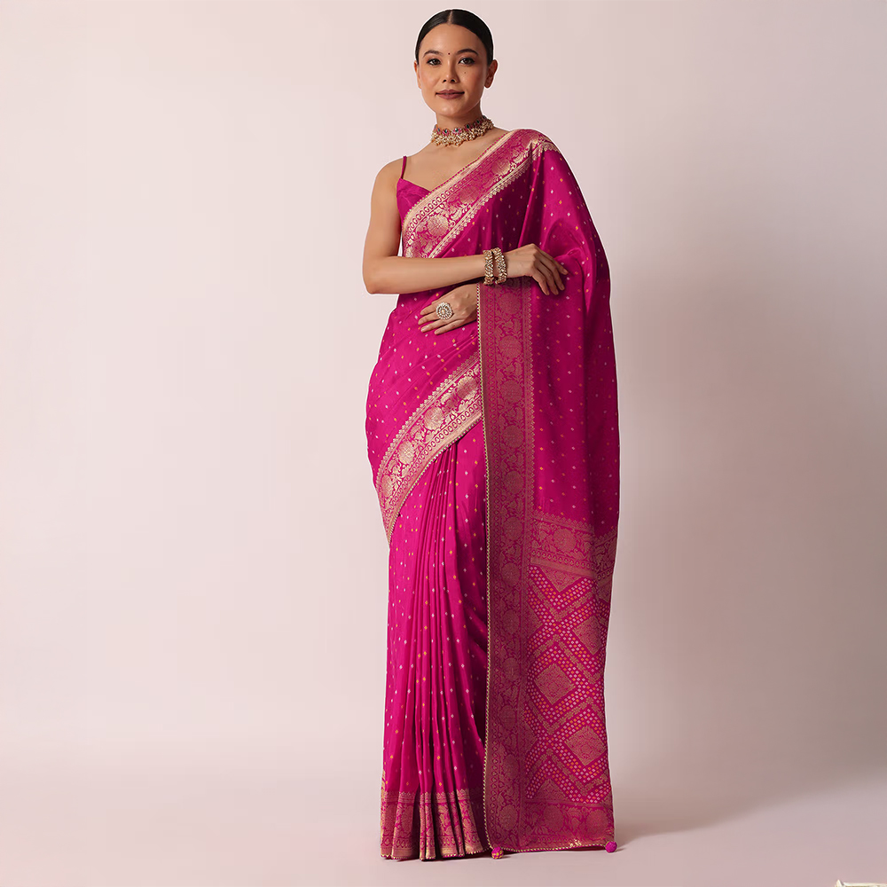 KALKI FASHION Rani Pink Banarasi Saree with Bandhani Buttis and Unstitched Blouse