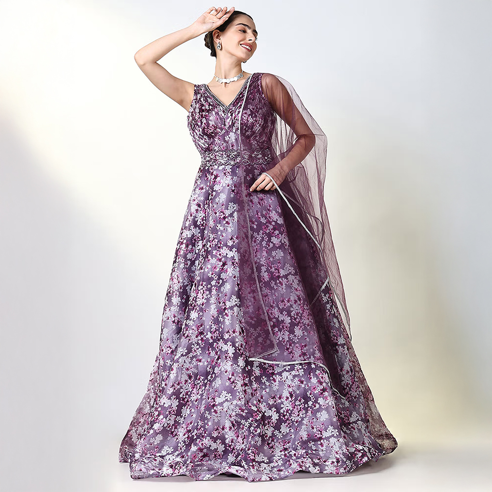 SHOWOFF Women Purple Floral Ethnic Gown Dress with Belt and Dupatta (Set of 3)