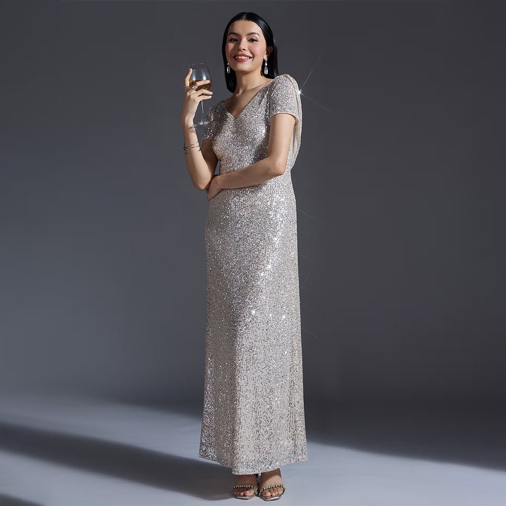 Twenty Dresses by Nykaa Fashion Party Silver Sequin V Neck Short Sleeves Sheath Gown