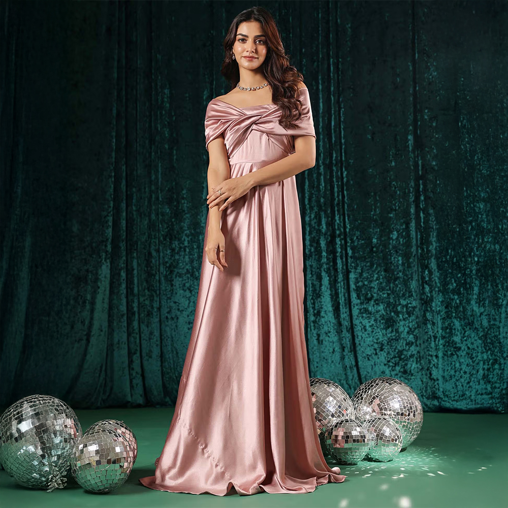 B'Infinite Rose Pink Twist Front Off Shoulder Gown