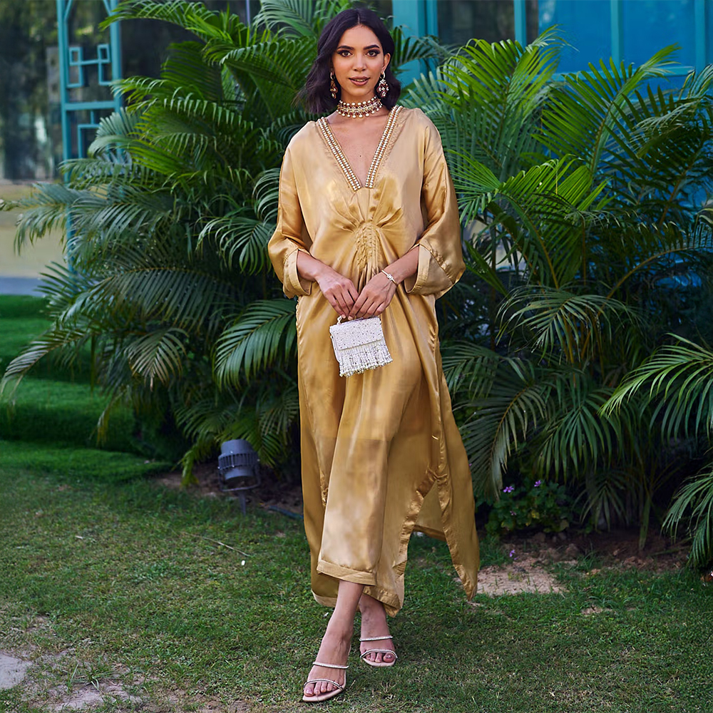 STTAVOSS Sitara Gold Solid/Plain Flared Sleeves Plunging Neck Kaftan Maxi Dress