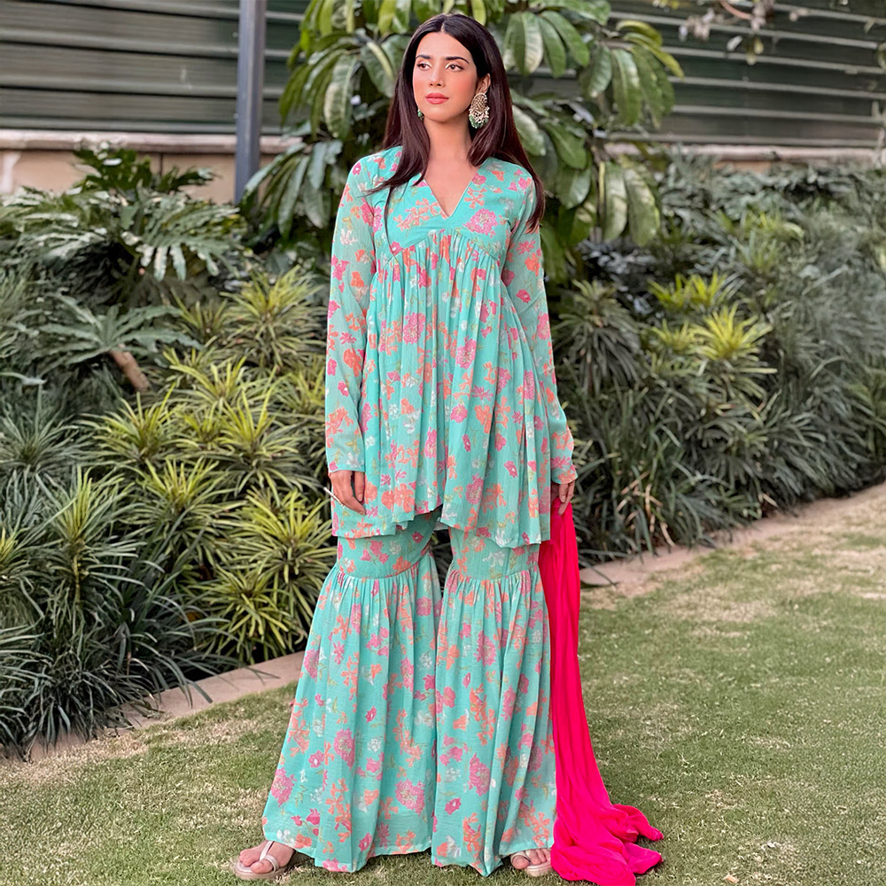 Noorani by LA Aqua Floral Printed Short Kurta-gharara (Set of 3)