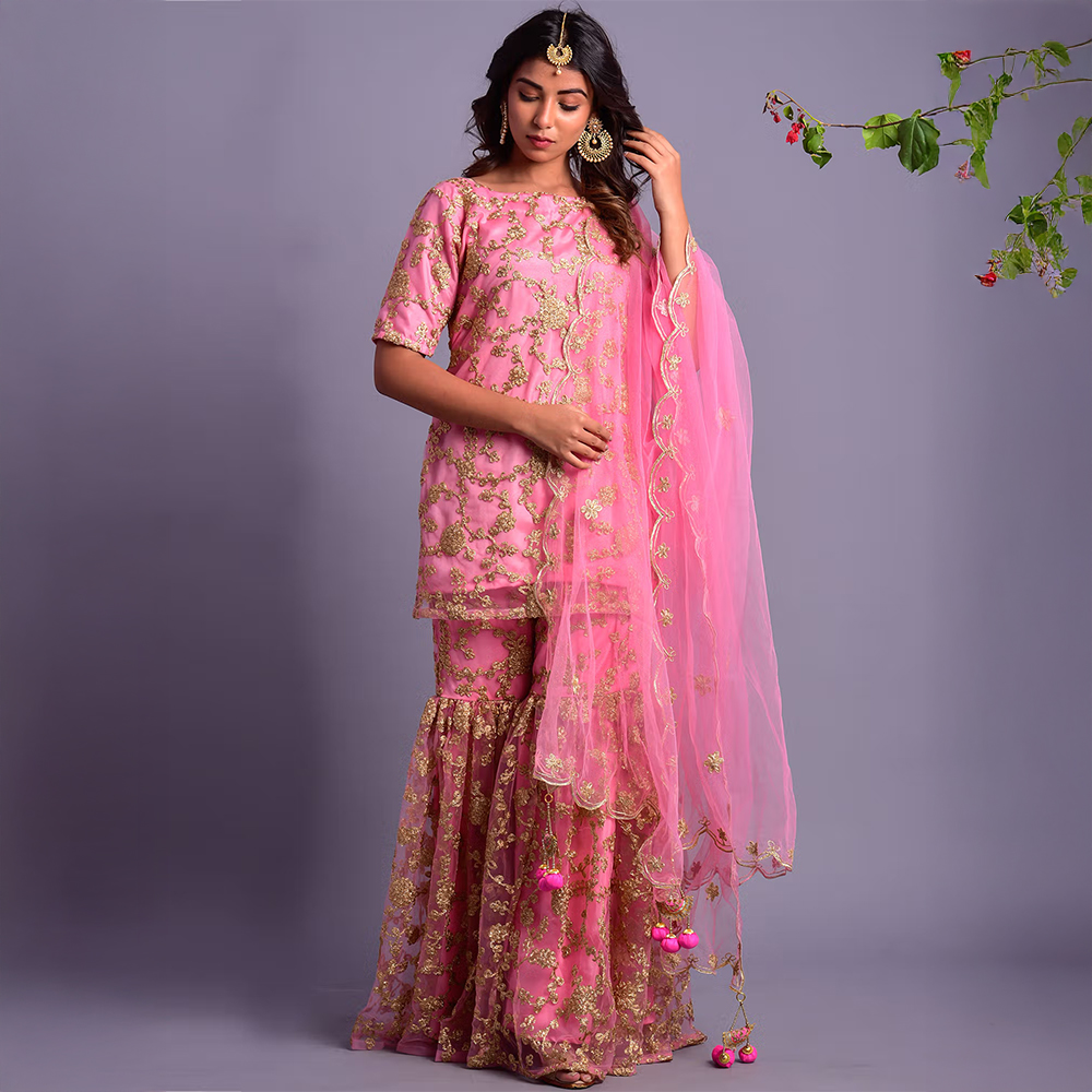 Rangpur Light Pink Kurta Gharara Dupatta (Set of 3)