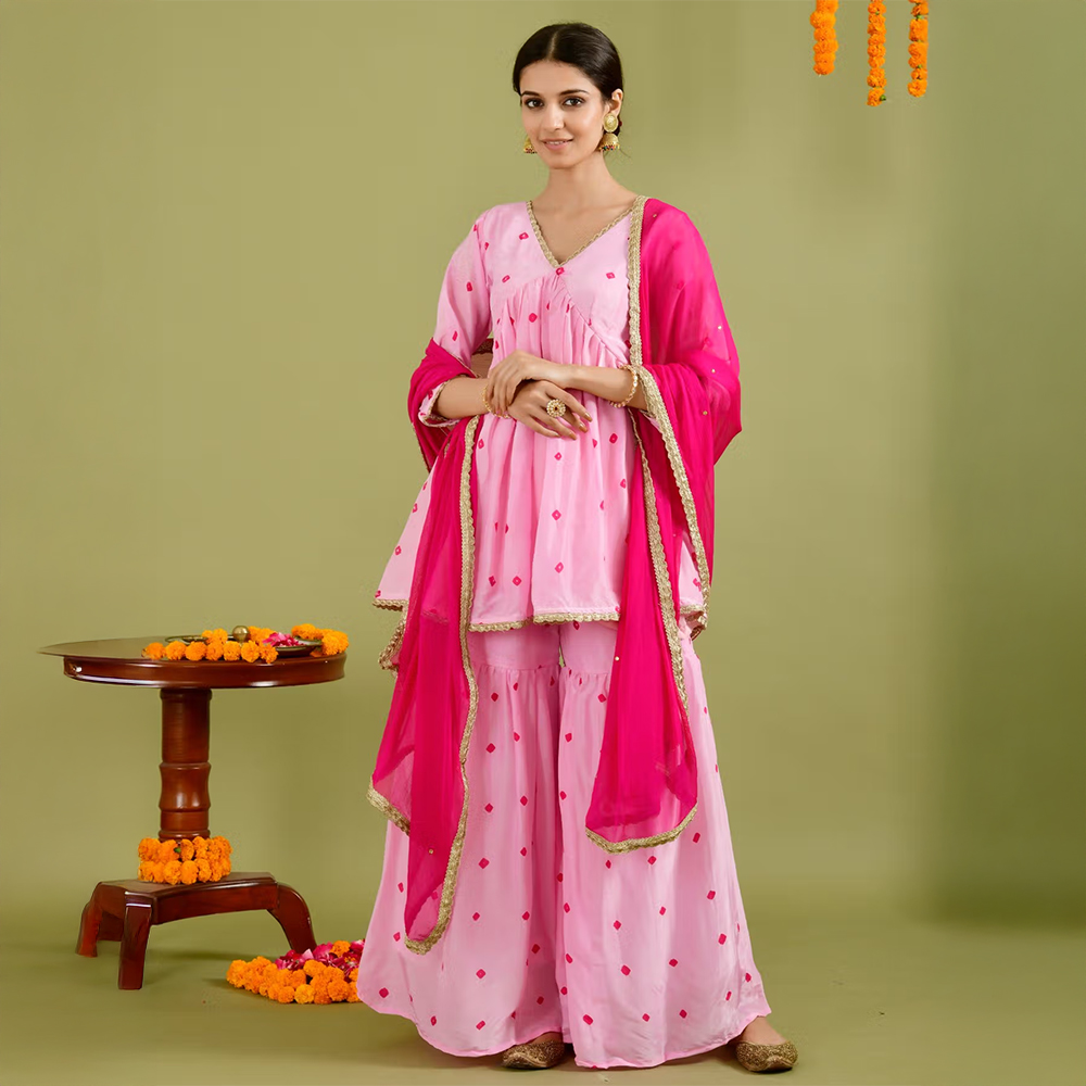 Rangpur Women Pink Peplum Gharara (Set of 3)