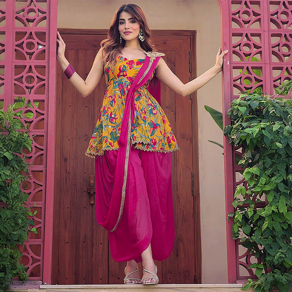 Label Aditi Hundia Ziva Floral Kurti with Dhoti and Dupatta (Set of 3)