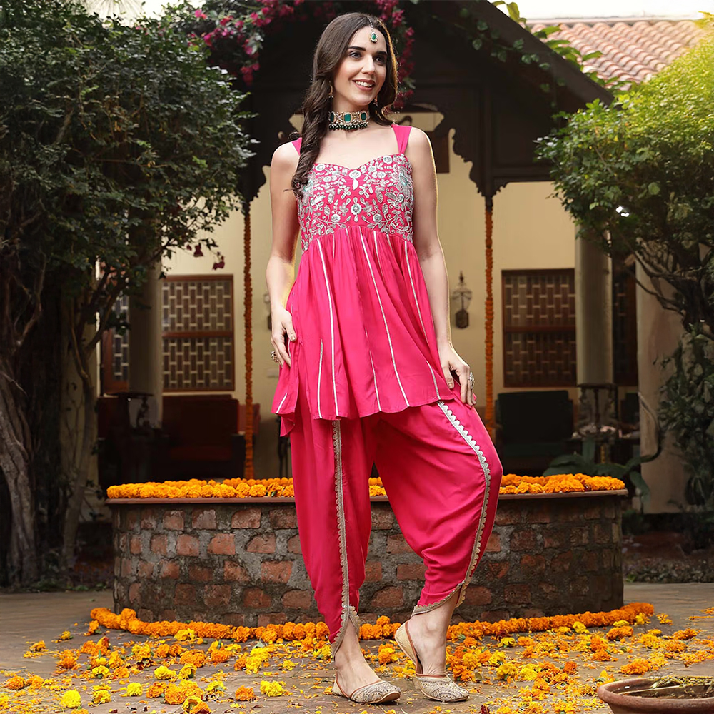 Stylum Pink Shoulder Straps Embroidered Kurti with Dhoti Pant (Set of 2)