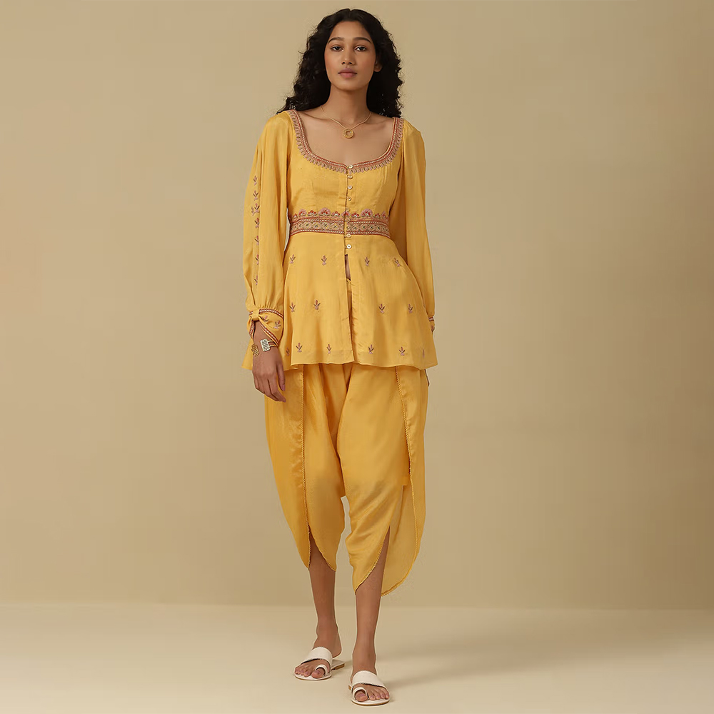 Aarke Ritu Kumar Yellow Embroidered Kurti with Dhoti Pant (Set of 2)
