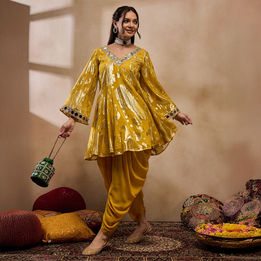 Mabish By Sonal Jain Yellow Flare Kurta with Dhoti Pants (Set of 2)