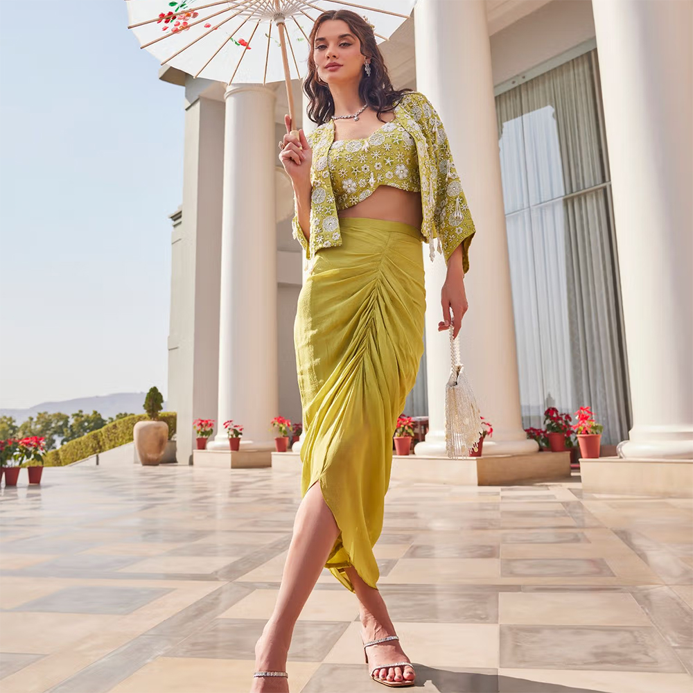 Label S4U Lime Green Embroidered Draped Skirt with Blouse and Jacket (Set of 3)