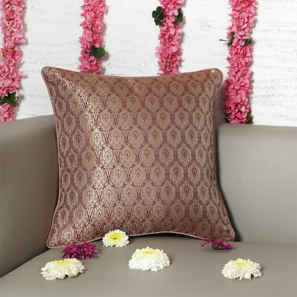 Zeba World ZEBA Cushion Cover for Sofa Bed Varanasi Silk Motif with Cord Piping - Maroon (16x16 inches)