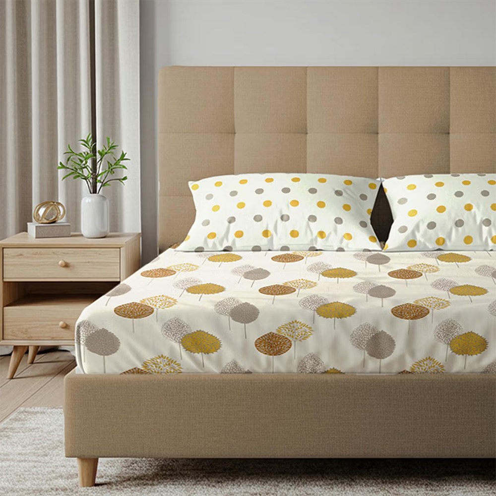 Urban Space Drops Mustard Cotton King Fitted Bedsheet with 2 Pillow Covers