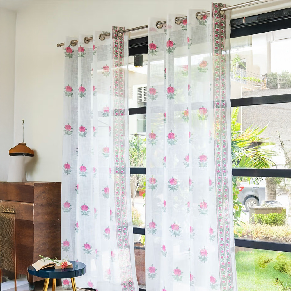 Urban Space Printed Sheer Linen Curtains For Window - Modern Fire Glow Pink (Pack of 2)