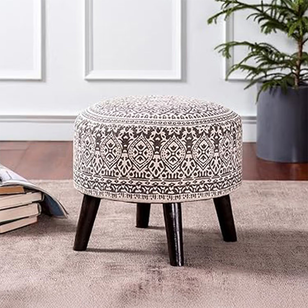 Nestroots Grey Cotton Canvas Wooden Ottoman