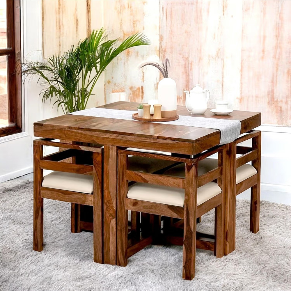 Ikiriya Sheesham Accent 4 Seater Dining Table with Chair In Natural Teak Finish (Set Of 5)