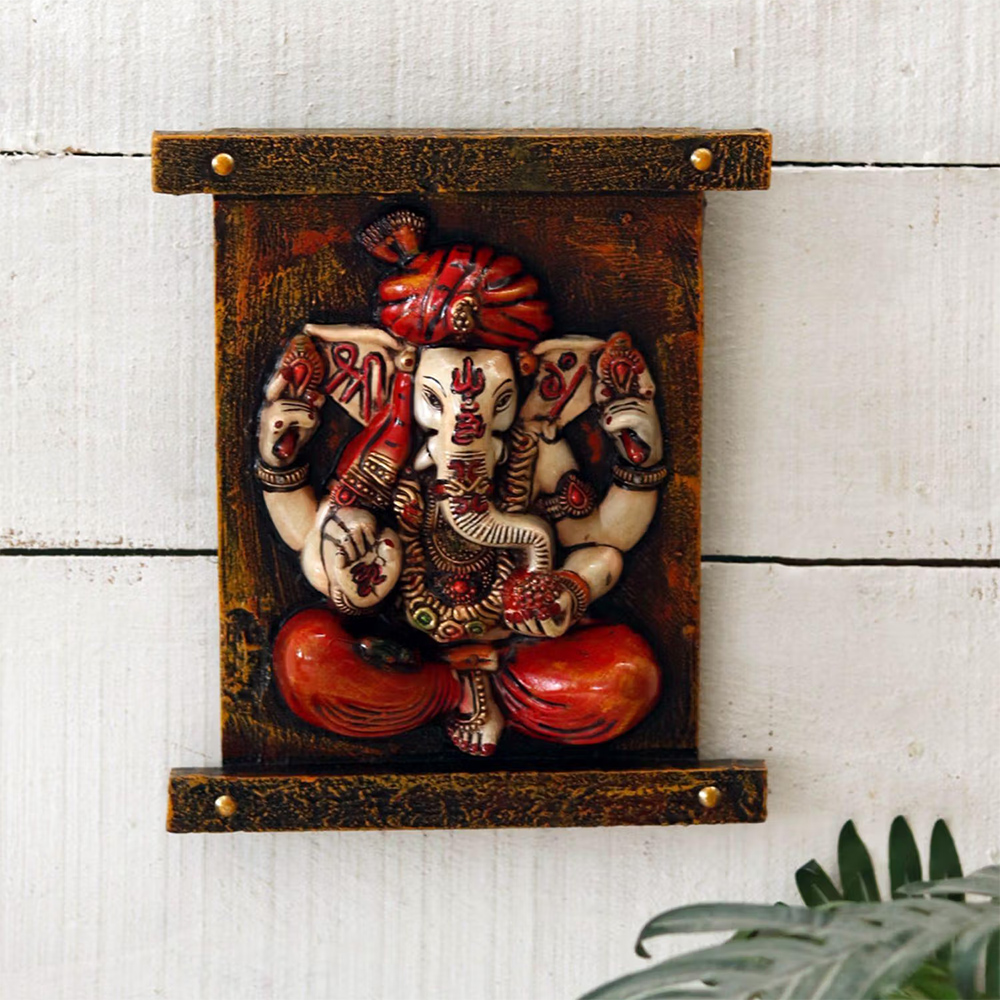 Unravel India Ganesha On Meditation Fiber Procession Wall Art In Wooden Frame Wall Hanging