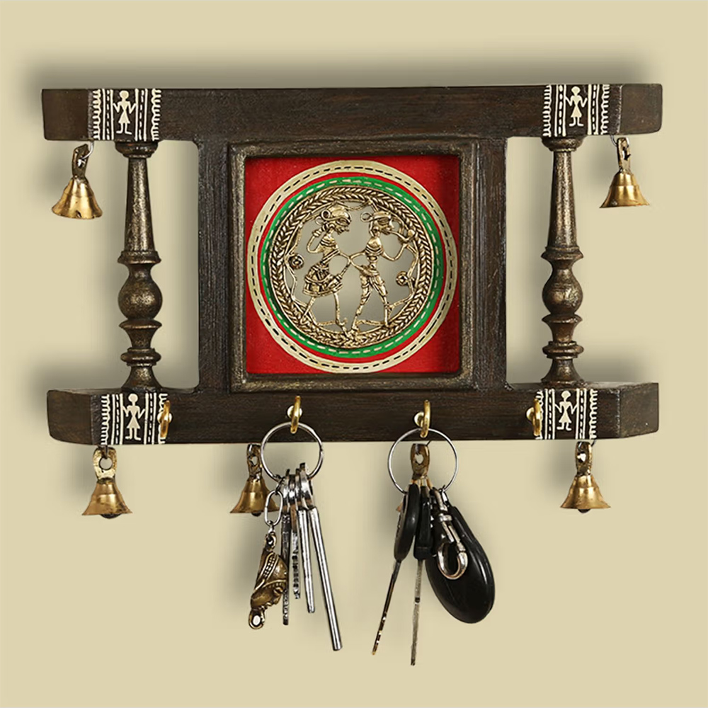 ExclusiveLane 'Brass People On Teak Wood' Warli Hand-Painted Key Holder With Dhokra Art (4 Hooks)