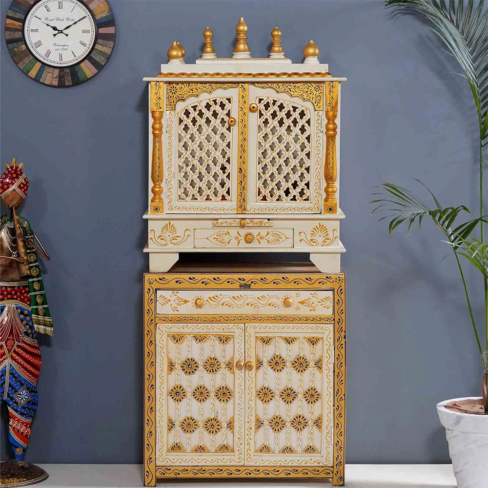 Multicolour Color Sheesham MDF Floor Rested Mandir With Door