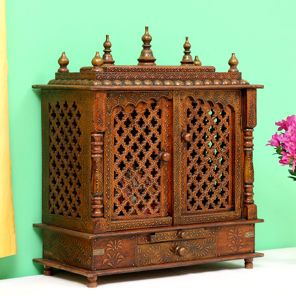 Copper Finish Sheesham Wood & MDF Floor Rested Mandir With Door