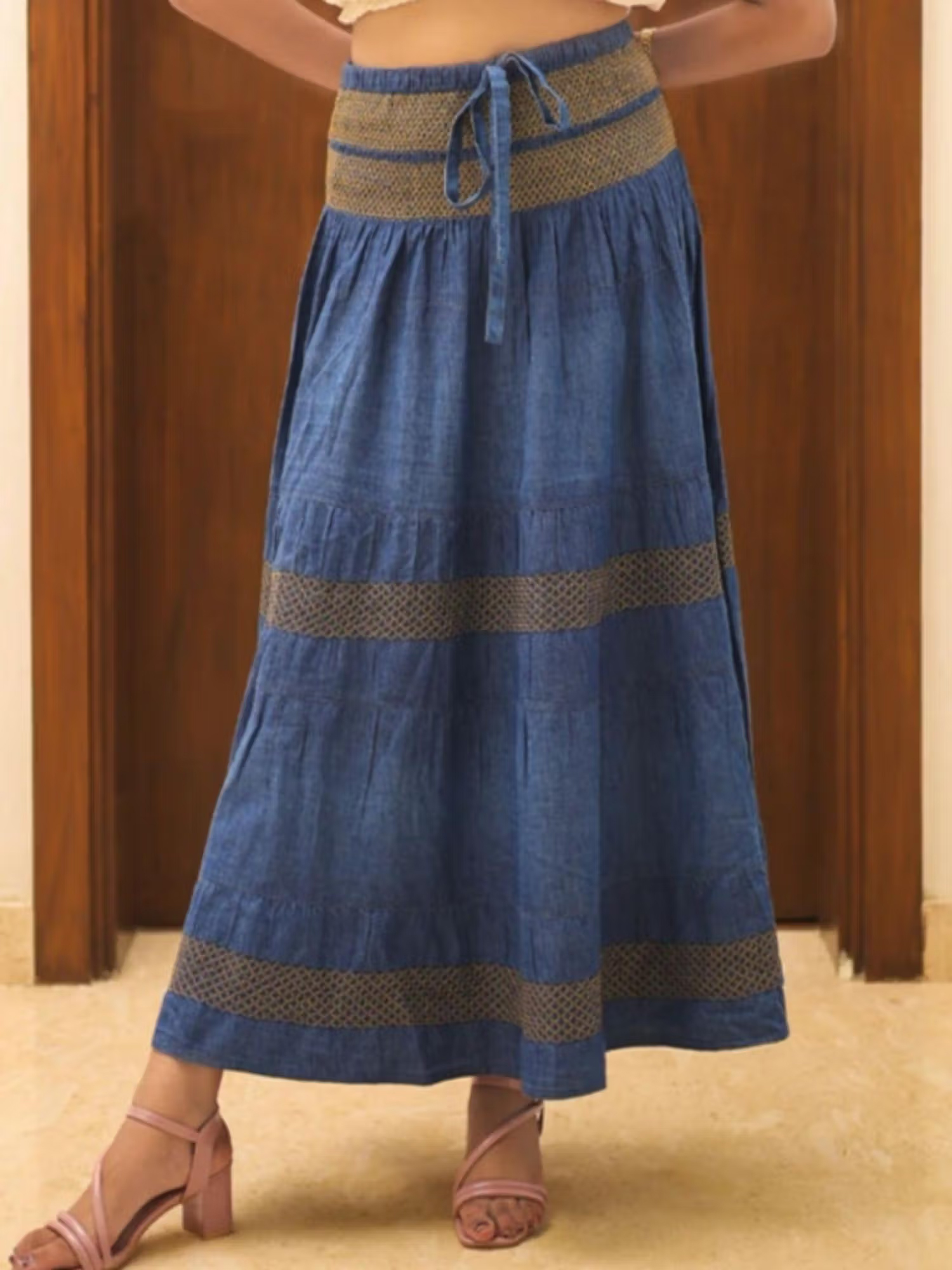 Veeralda Golden Denim Thread Design Smocked Maxi Skirt