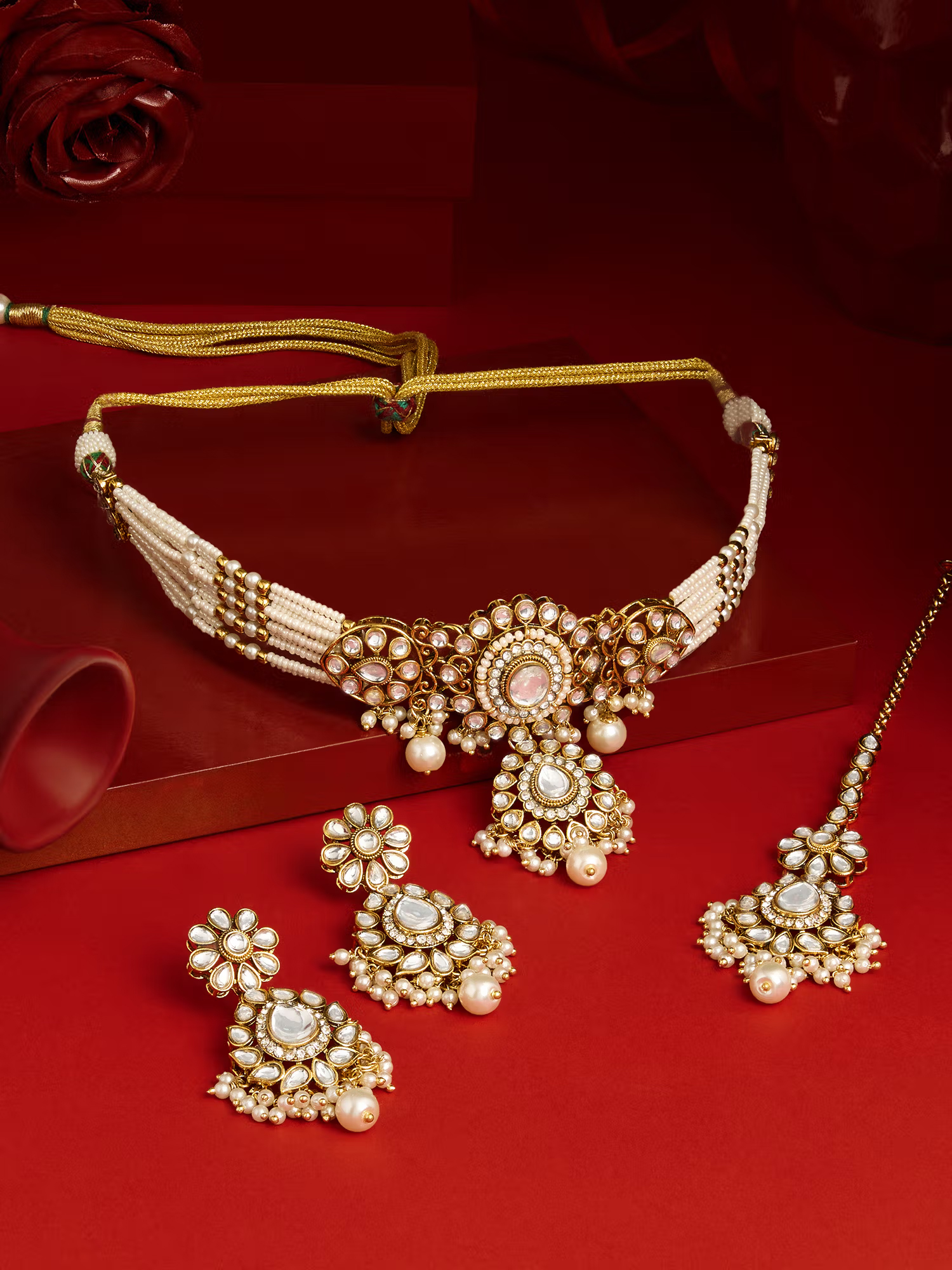Zaveri Pearls Gold Tone Kundan Pearl Choker Necklace Earring Maangtikka Set