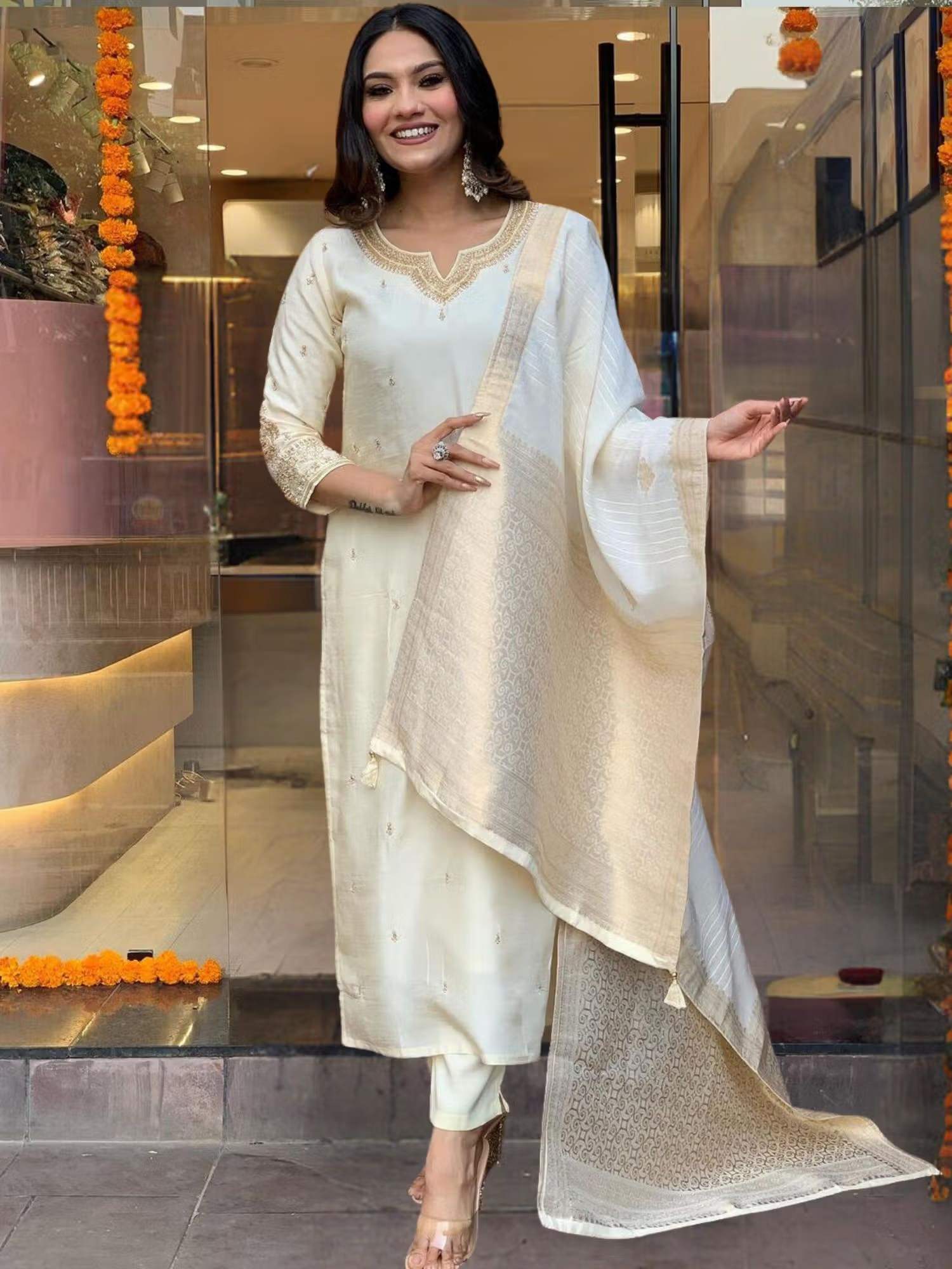 Gahan Onam Viscose Chanderi Zari Neck Embroidered Off White Kurta Pant & Dupatta (Set of 3)
