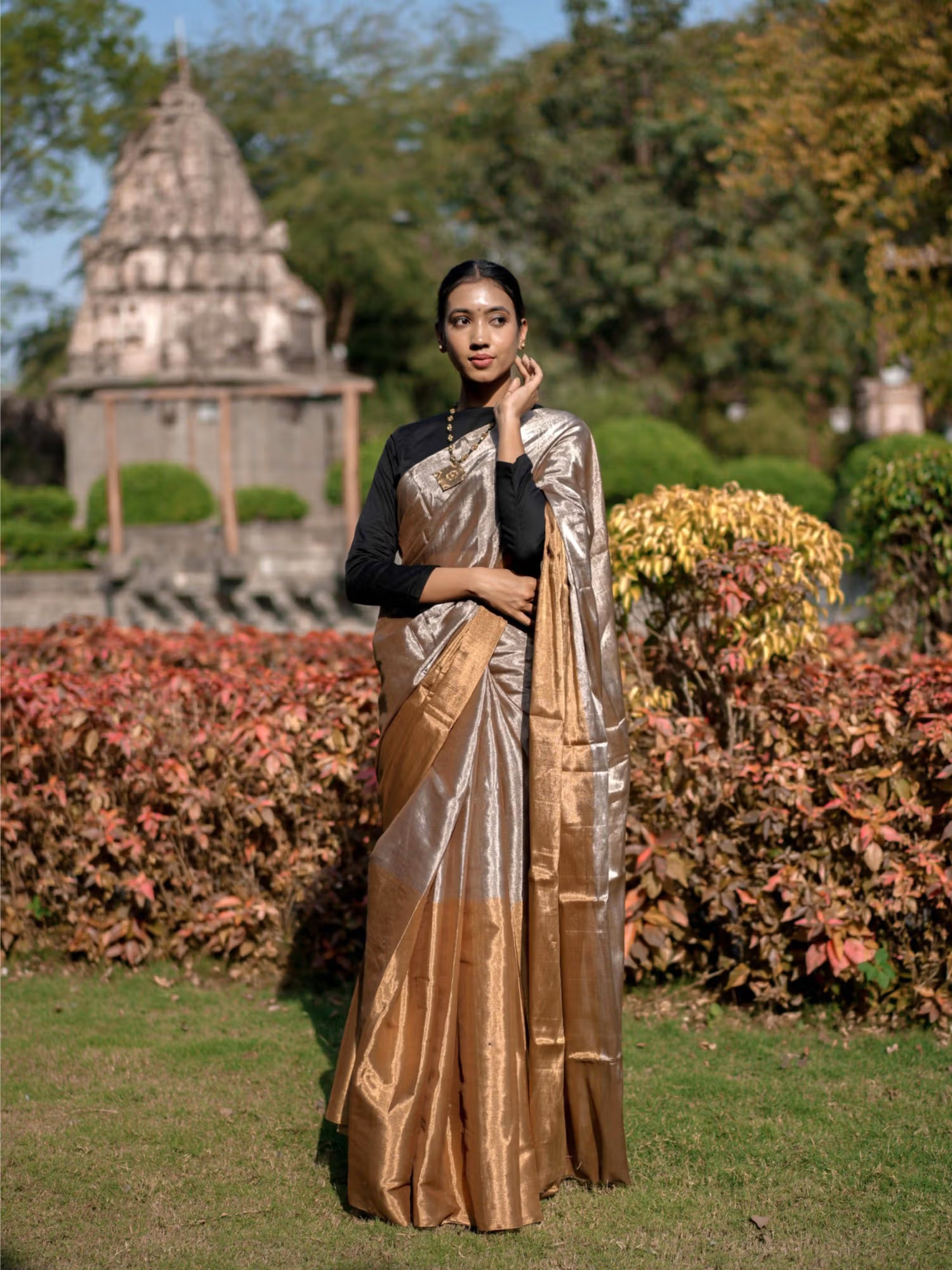 MAAHISHMATI SAREES Gold Chanderi Handloom Tissue Silk Saree with Unstitched Blouse