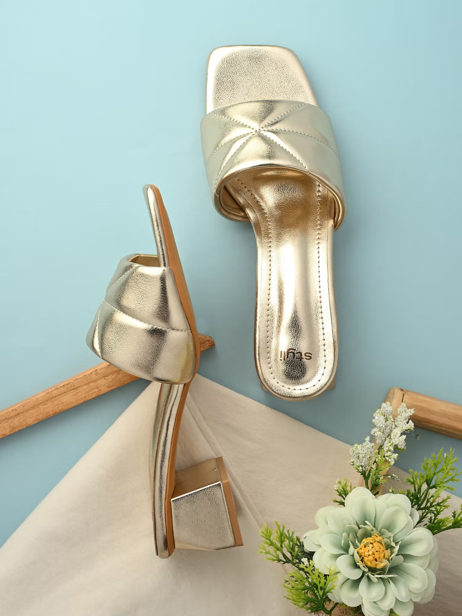 Styli Women Golden Textured Block Heels