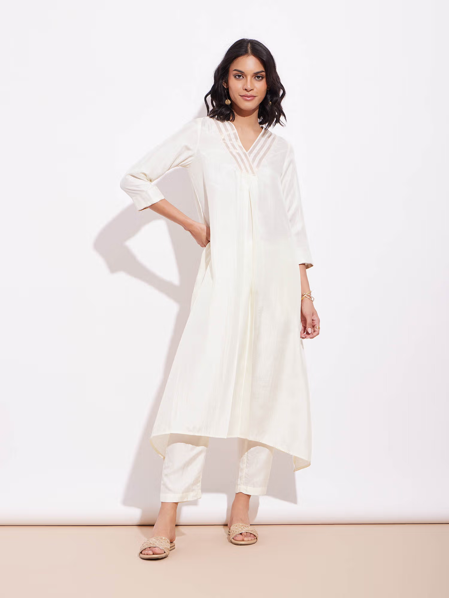 Pink Fort Poly Silk A-Line Kurta with Pants Off-White and Gold