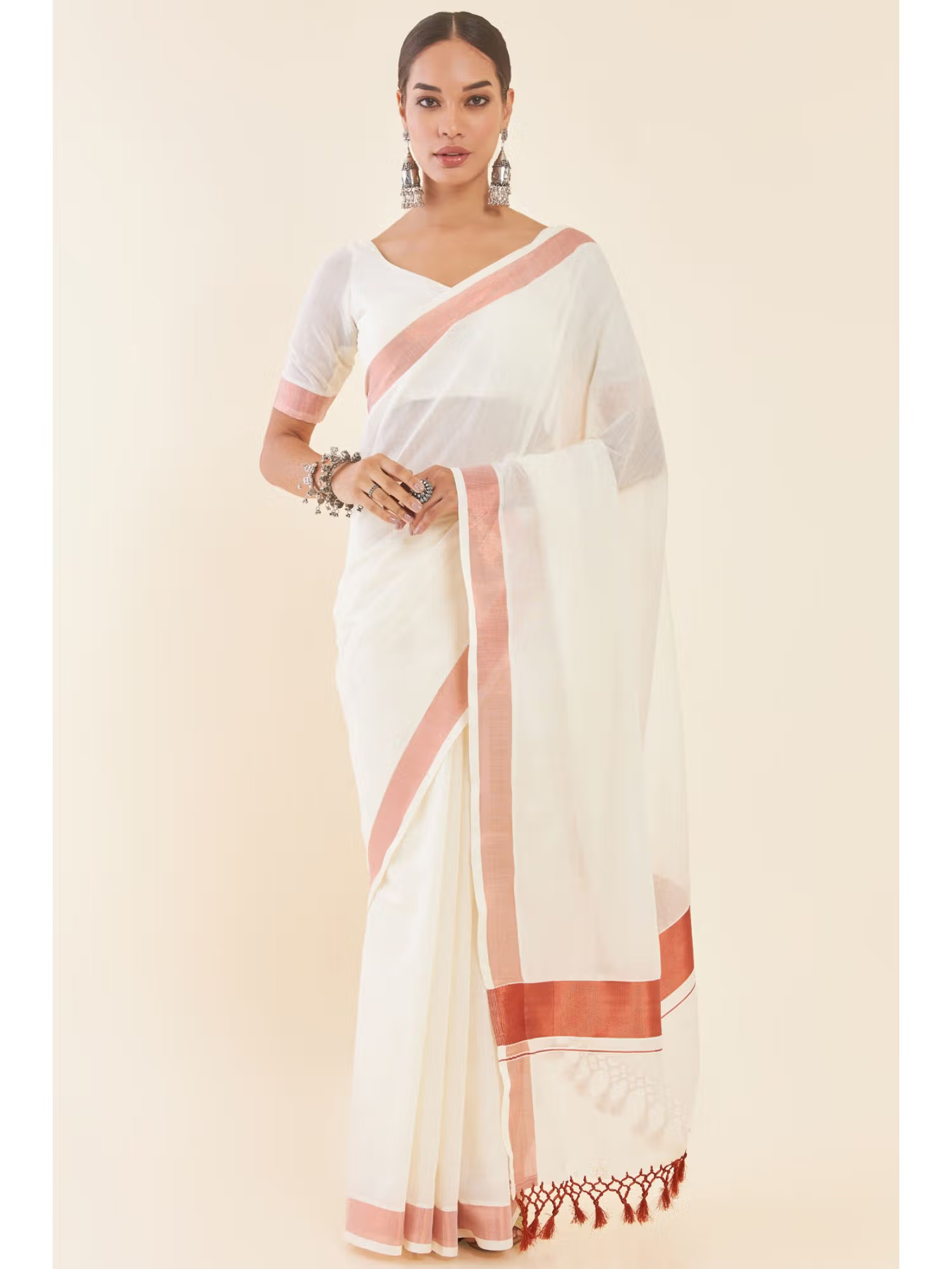 Soch Off White Cotton Kasavu Saree with Copper Zari Borders and Unstitched Blouse