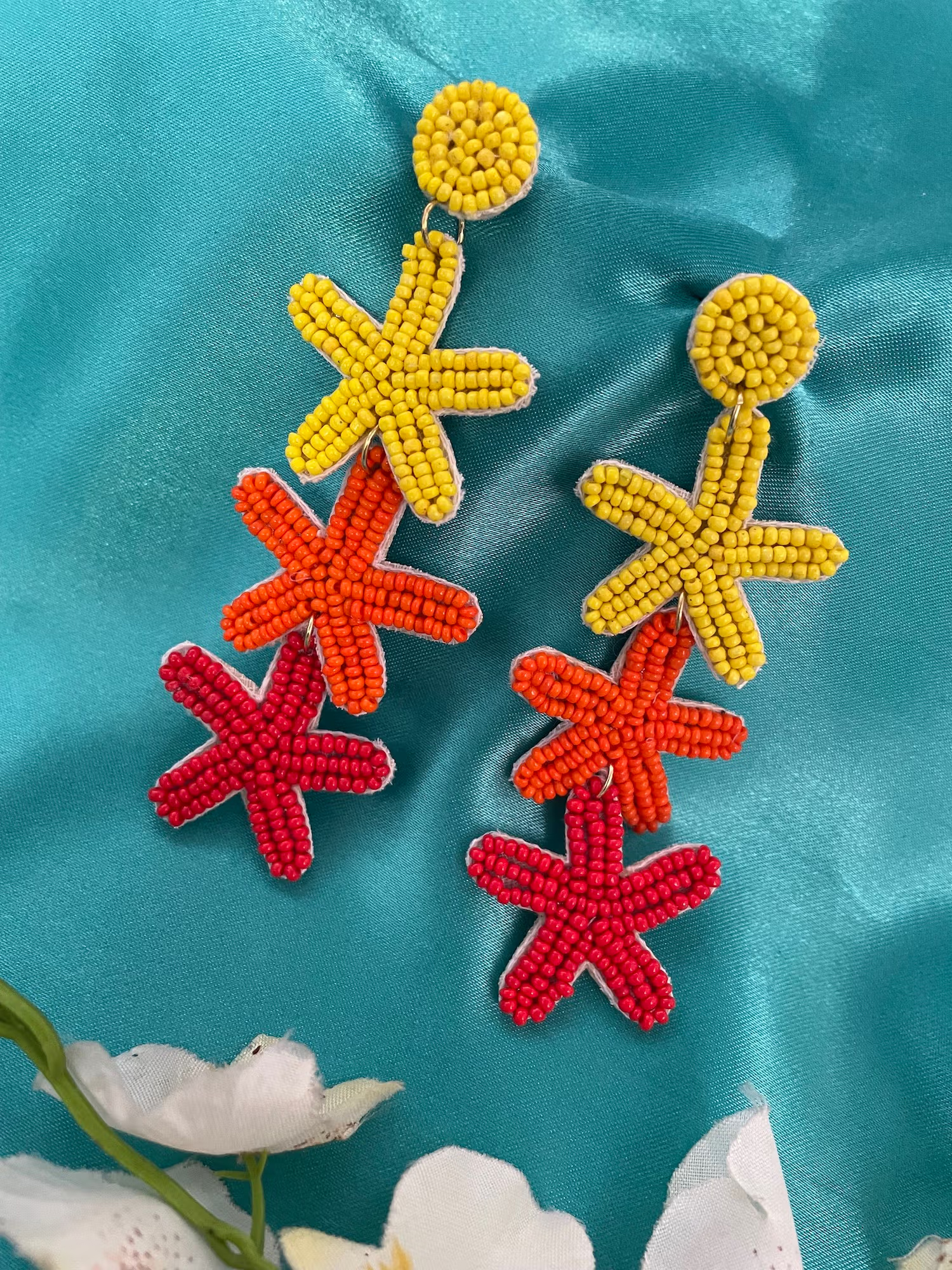 Digital Dress Room Colourful Beaded Starfish Design Dangler Earrings